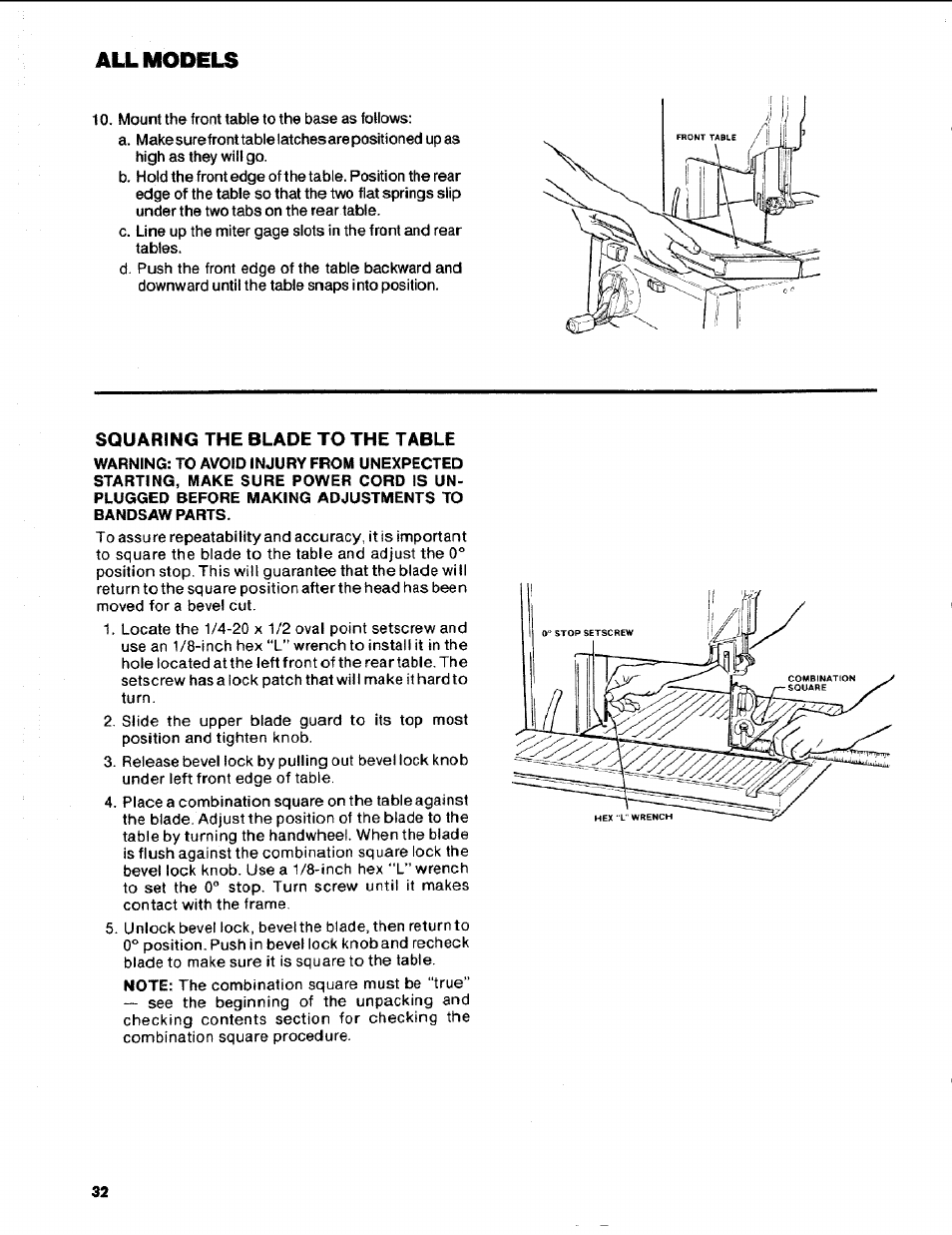 Squaring the blade to the table, All models | Craftsman 113.248510 User Manual | Page 32 / 52