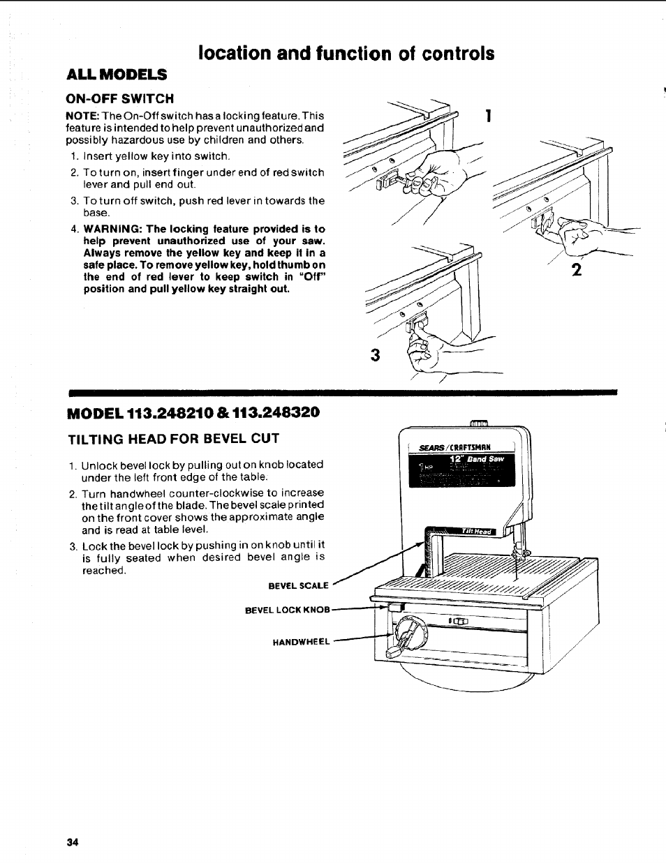 Location and function of controls, Model 113.248210 & 113.248320, All models | Craftsman 113.248510 User Manual | Page 34 / 52