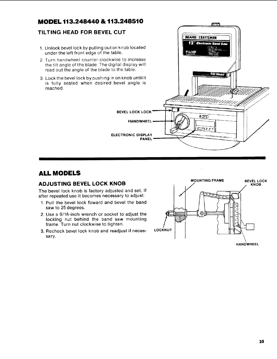 Model 113.248440 & 113.248510, All models, Tilting head for bevel cut | Adjusting bevel lock knob | Craftsman 113.248510 User Manual | Page 35 / 52