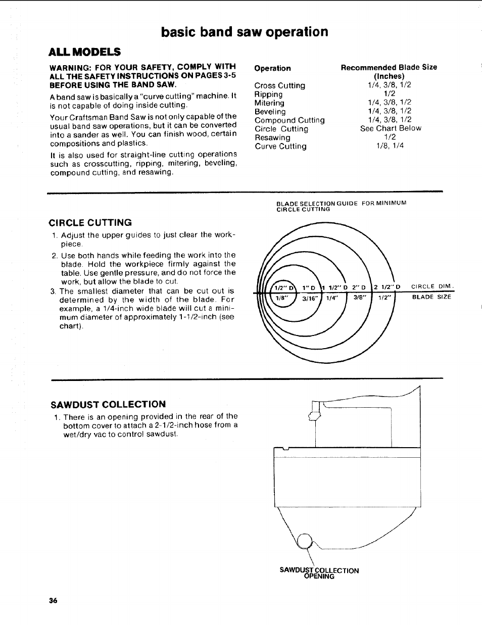 Basic band saw operation, Circle cutting, Sawdust collection | All models | Craftsman 113.248510 User Manual | Page 36 / 52