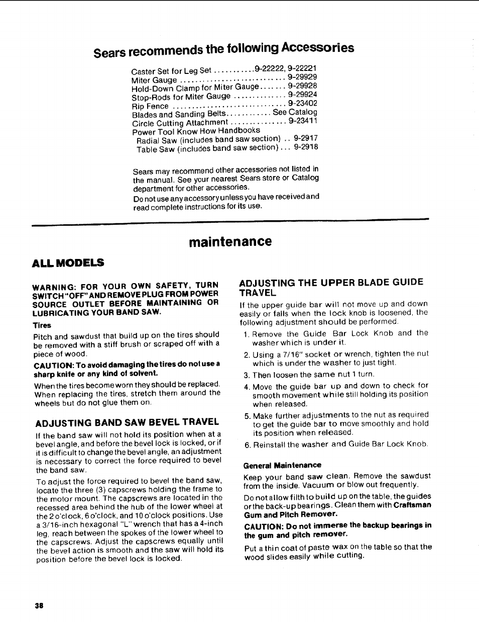 Maintenance, All models, Tires | Adjusting band saw bevel travel, Adjusting the upper blade guide travel, Maintenance -39, Sears recommends the following accessories | Craftsman 113.248510 User Manual | Page 38 / 52