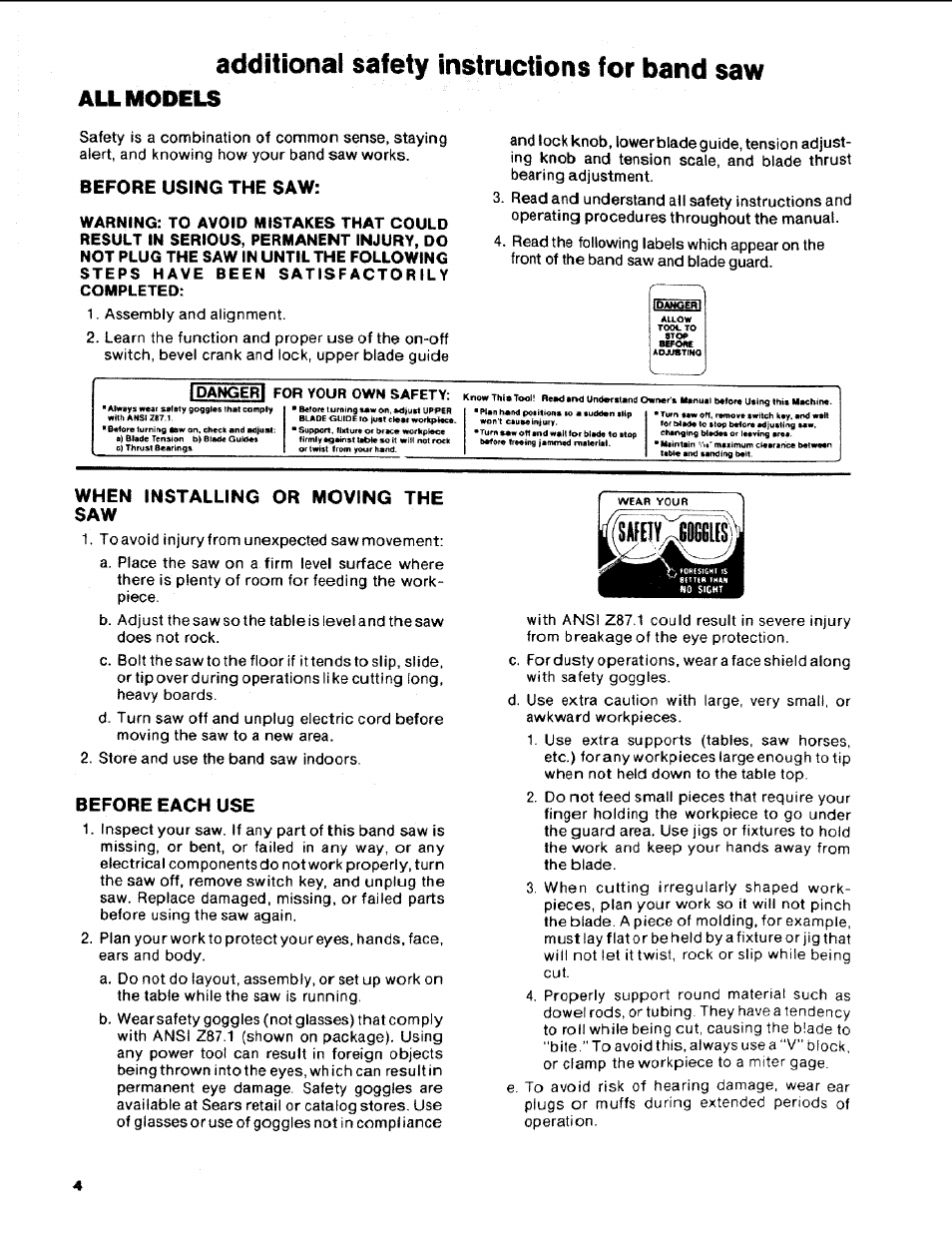 Additiondl safety instructions for band saw, All models, Before using the saw | When installing or moving the saw, Before each use | Craftsman 113.248510 User Manual | Page 4 / 52