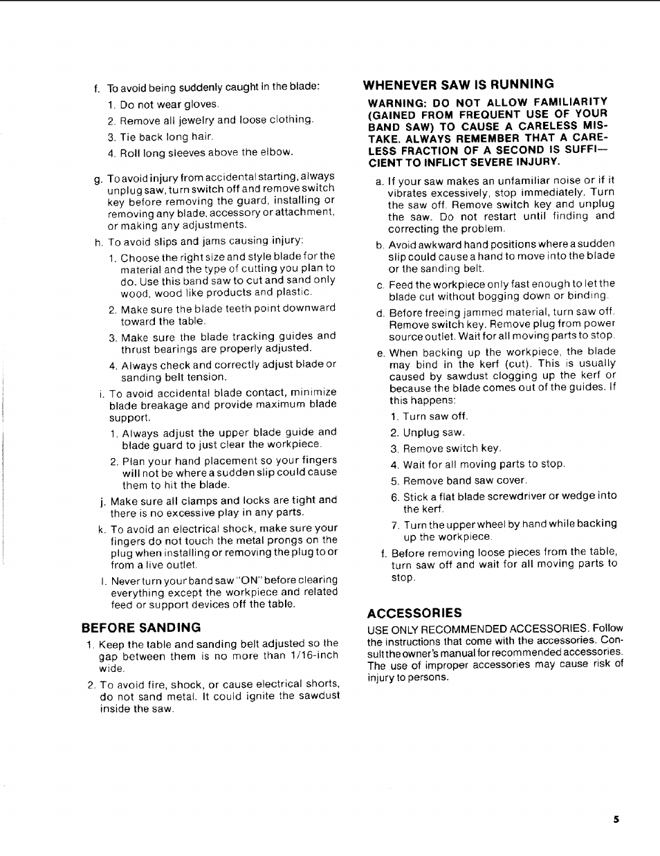 Before sanding, Whenever saw is running, Accessories | Craftsman 113.248510 User Manual | Page 5 / 52