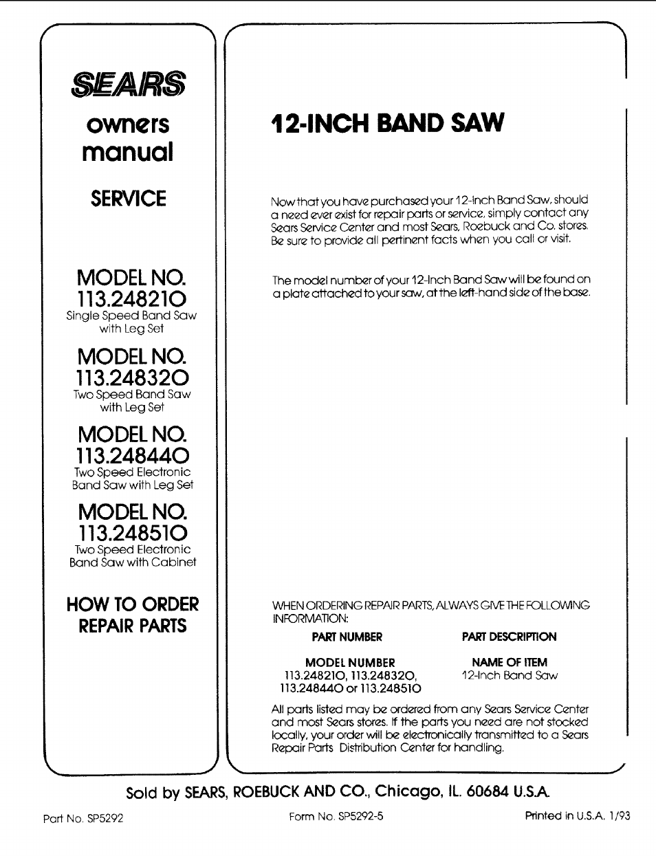 Model no, 24s210, I^c^del | Model no. 113.248440, Model no. 113.248510, How to order repair parts, Owners manual, Inch band saw | Craftsman 113.248510 User Manual | Page 52 / 52