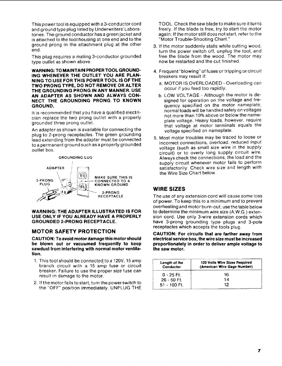 Motor safety protection, Wire sizes | Craftsman 113.248510 User Manual | Page 7 / 52