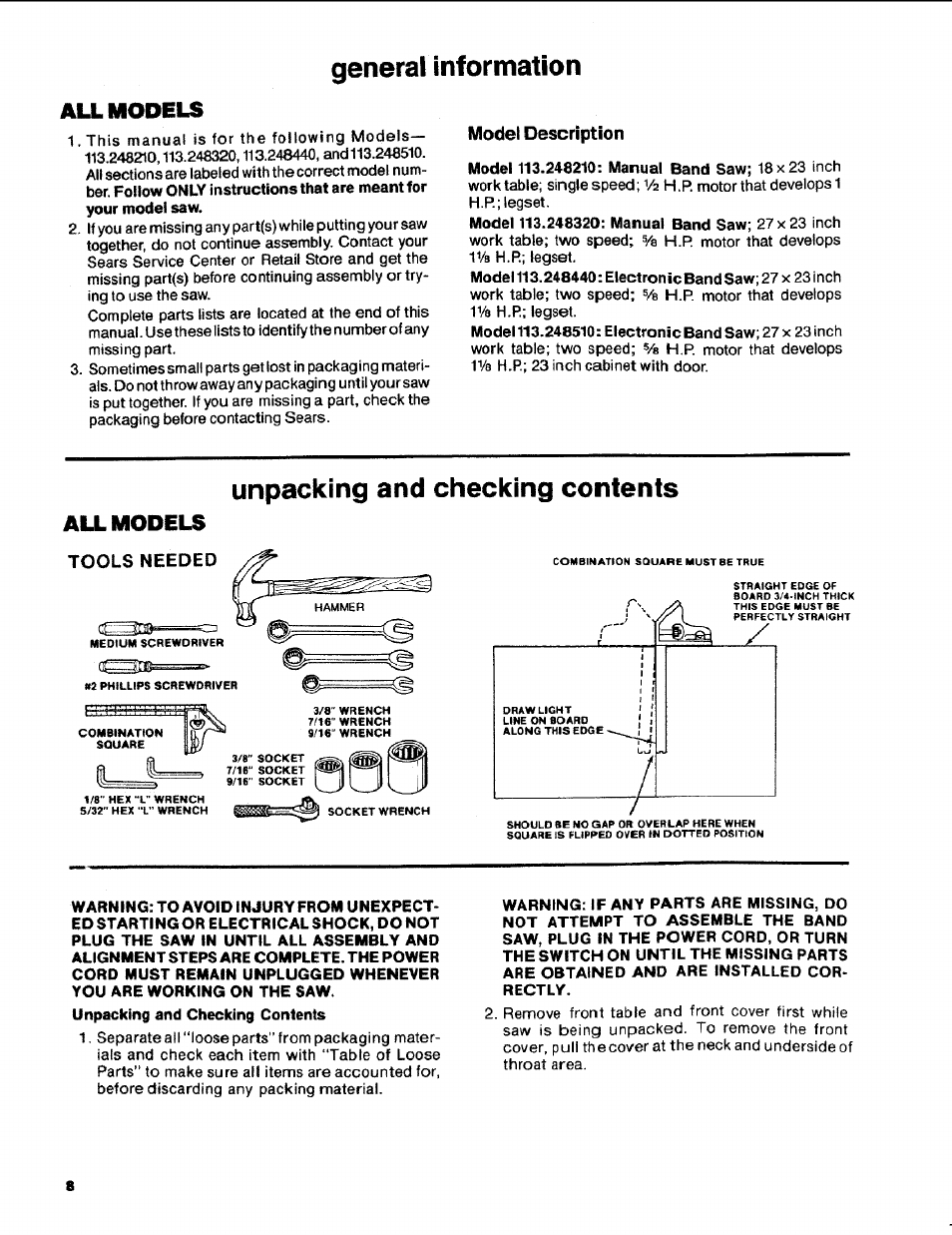 General information, All models, Model description | Unpacking and checking contents, Models | Craftsman 113.248510 User Manual | Page 8 / 52