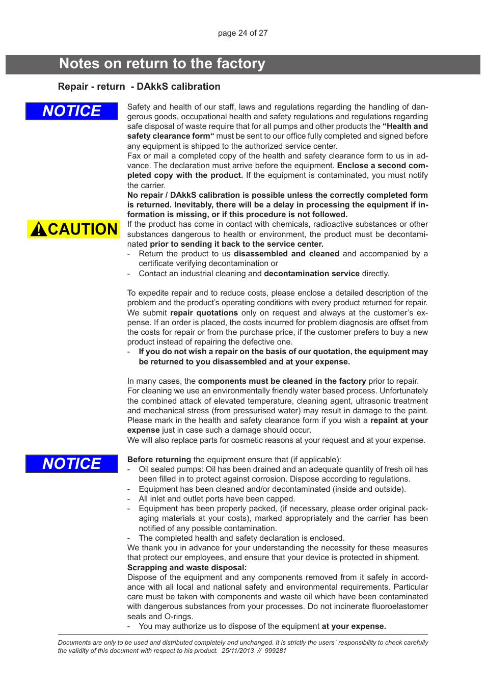 Notes on return to the factory, Notice | VACUUBRAND BVC basic / control / professional /G: Instructions pour la décontamination User Manual | Page 24 / 27