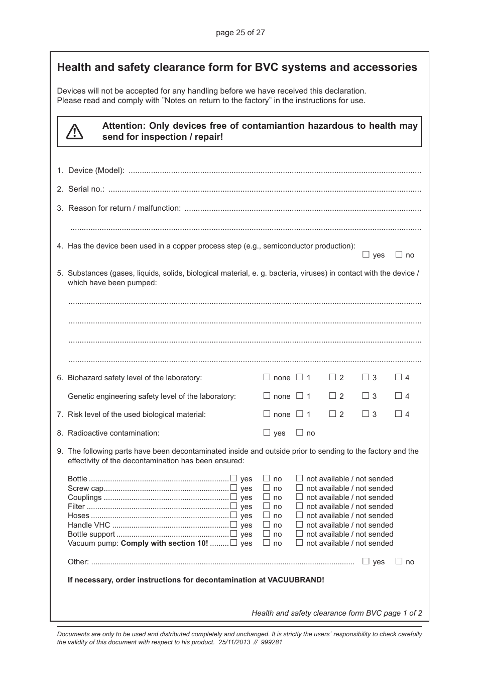 VACUUBRAND BVC basic / control / professional /G: Instructions pour la décontamination User Manual | Page 25 / 27