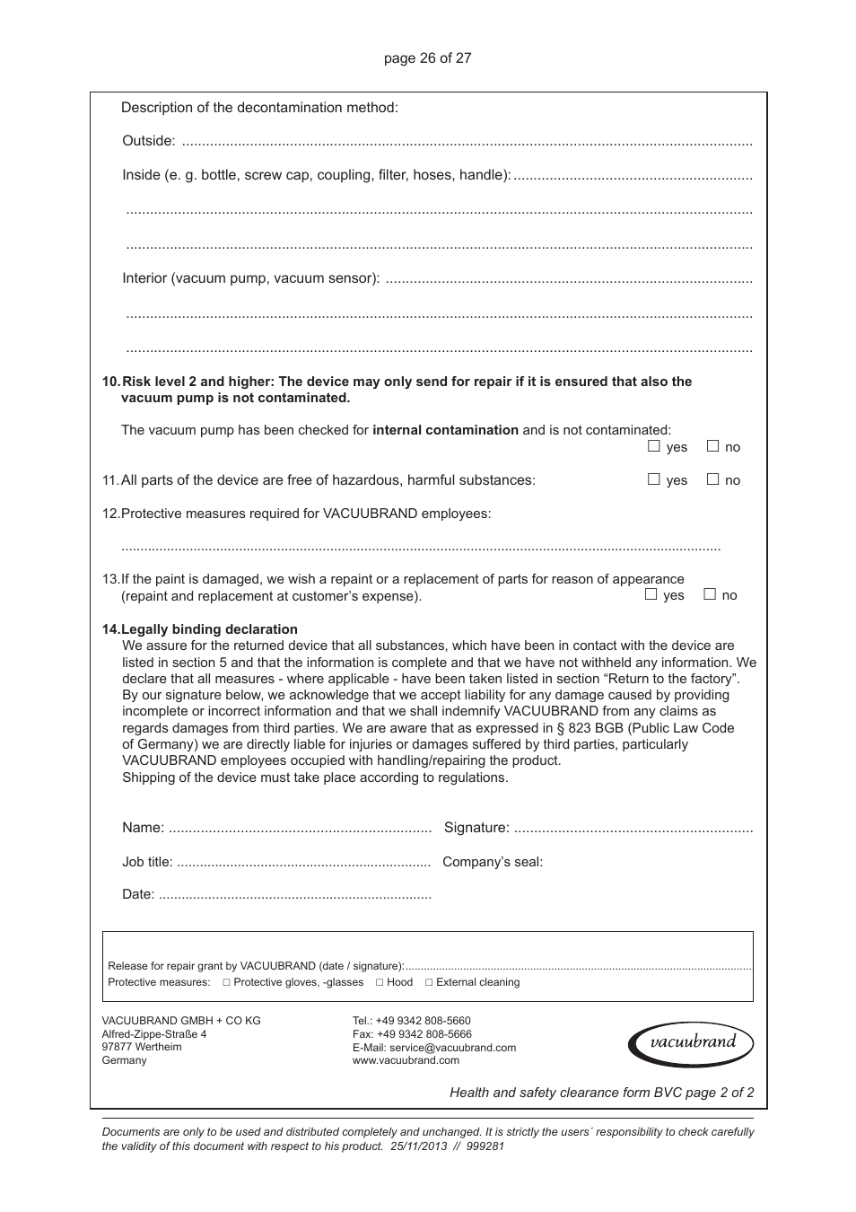 VACUUBRAND BVC basic / control / professional /G: Instructions pour la décontamination User Manual | Page 26 / 27