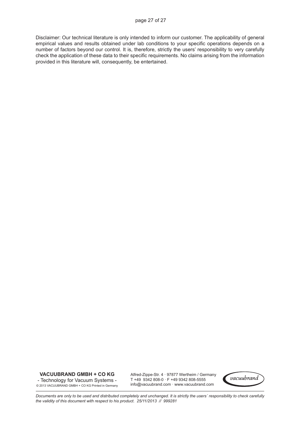 VACUUBRAND BVC basic / control / professional /G: Instructions pour la décontamination User Manual | Page 27 / 27