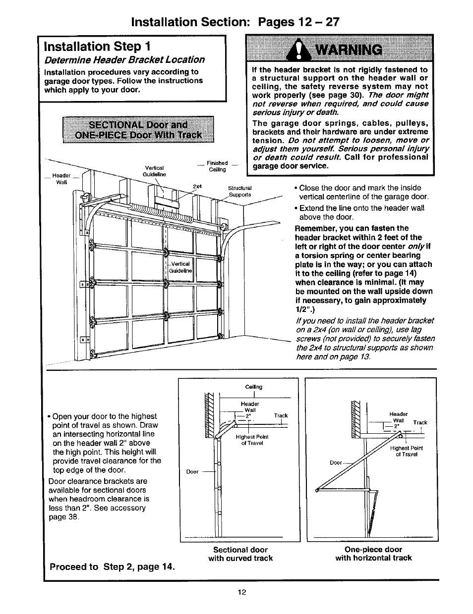 Installation step 1, Dornvm, Determine header bracket location | Sëctionat. door and oke-piece, Tr&ok | Craftsman 139.53664SRT2 User Manual | Page 12 / 40