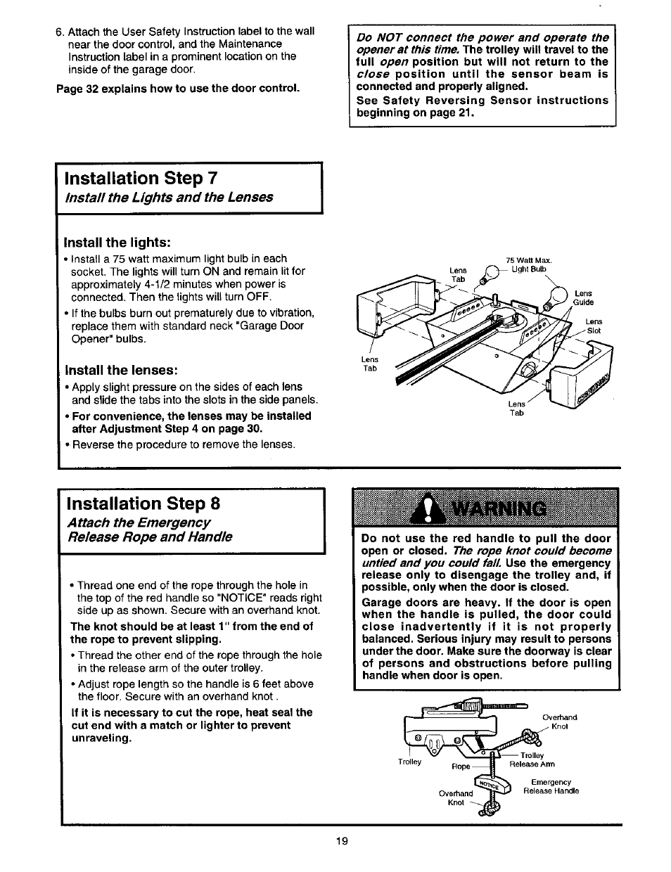 Installation step 7, Installation step 8, Install the lights and the lenses | Attach the emergency release rope and handle | Craftsman 139.53664SRT2 User Manual | Page 19 / 40