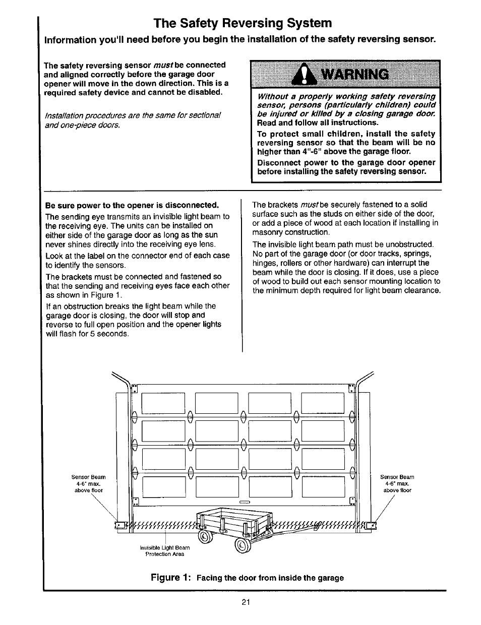 The safety reversing system, Test the safety reversing sensor | Craftsman 139.53664SRT2 User Manual | Page 21 / 40