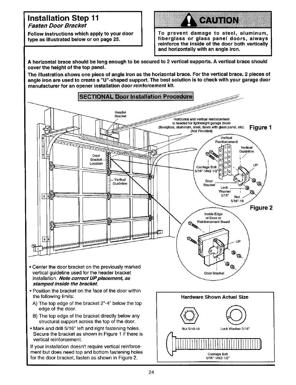 Installation step 11, Fasten door bracket, Figure 1 figure 2 | Craftsman 139.53664SRT2 User Manual | Page 24 / 40
