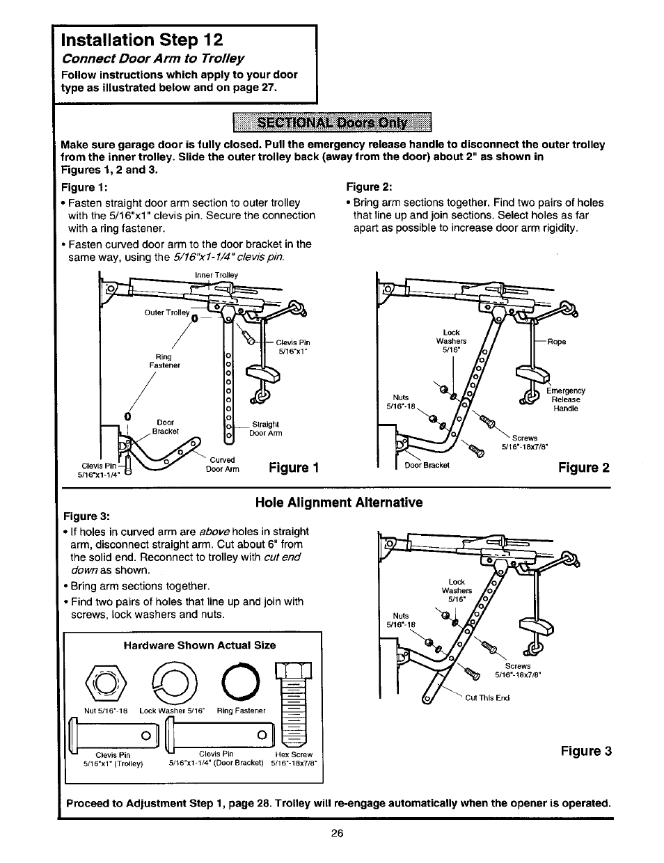 Installation step 12, Sectiqnai only, Connect door arm to trolley | Hole alignment alternative | Craftsman 139.53664SRT2 User Manual | Page 26 / 40