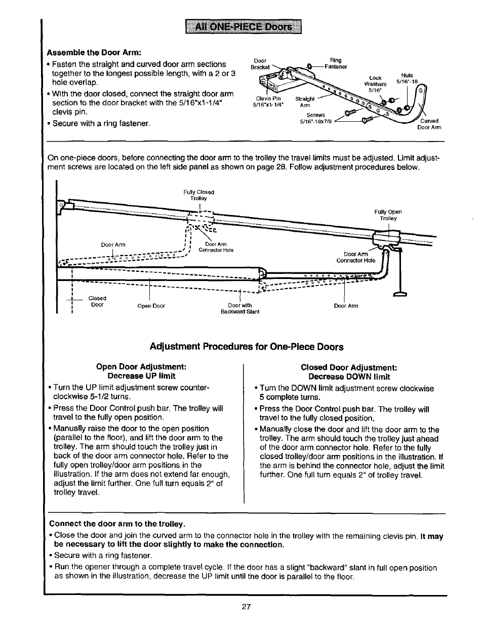 Alt 0№piec£ doors, Adjustment procedures for one-piece doors | Craftsman 139.53664SRT2 User Manual | Page 27 / 40