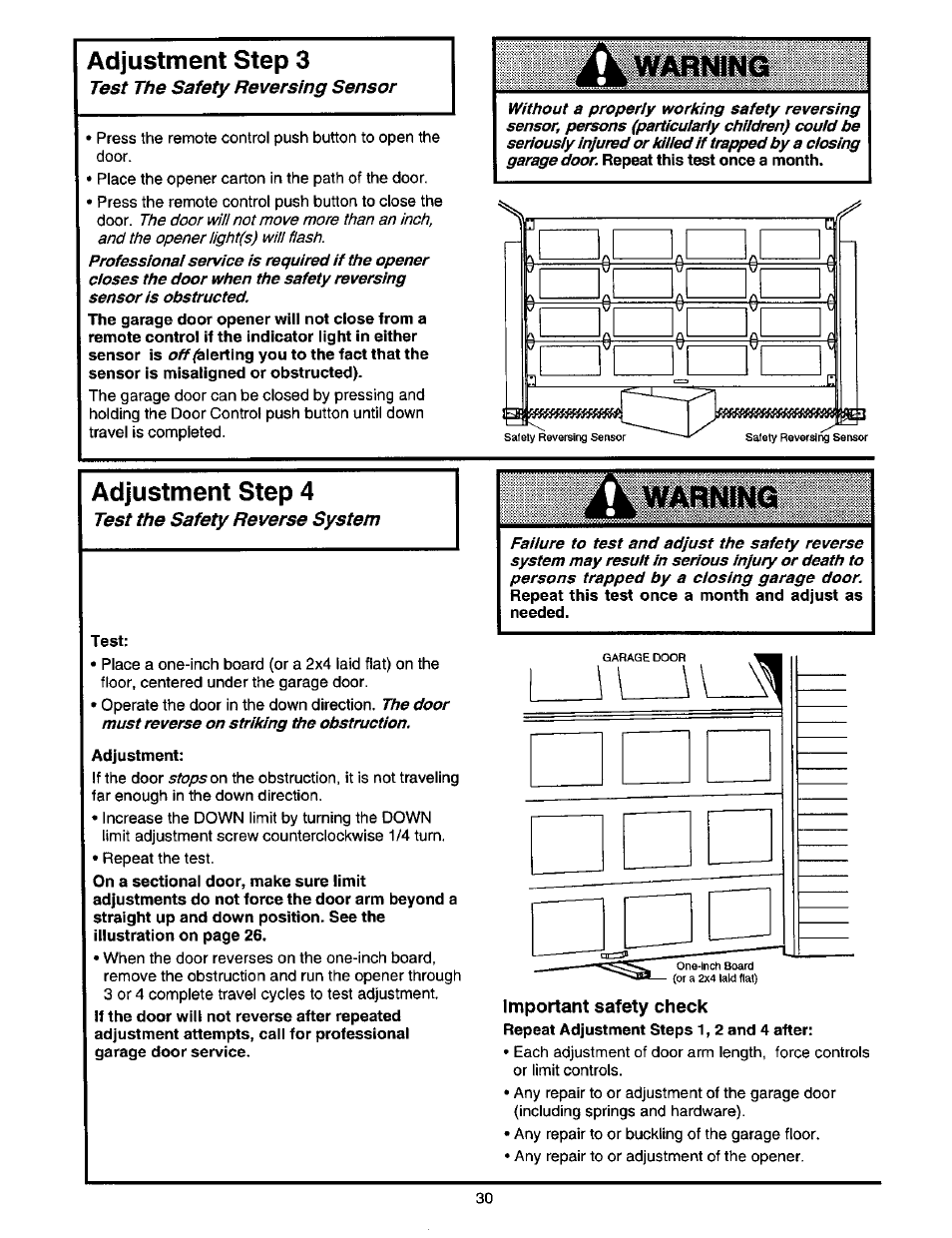 Adjustment step 3, Adjustment step 4, Wm)ning | Test the safety reversing sensor, Test the safety reverse system | Craftsman 139.53664SRT2 User Manual | Page 30 / 40