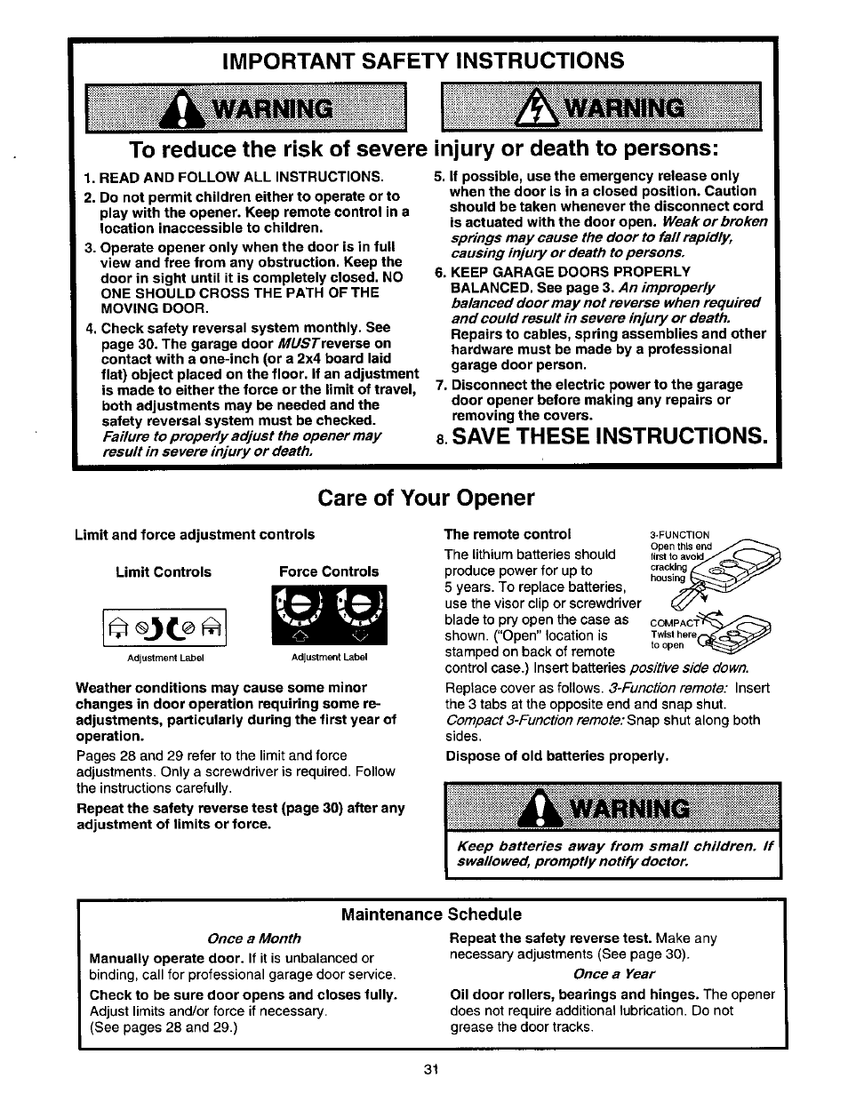 Important safety instructions, Save these instructions, Care of your opener | Operation safety instructions, Save these instructions. care of your opener, Maintenance schedule | Craftsman 139.53664SRT2 User Manual | Page 31 / 40