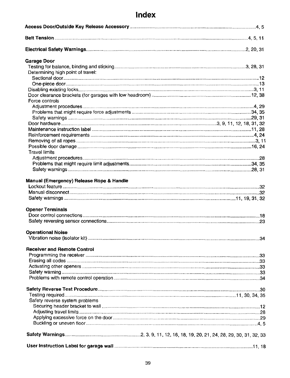 Index | Craftsman 139.53664SRT2 User Manual | Page 39 / 40