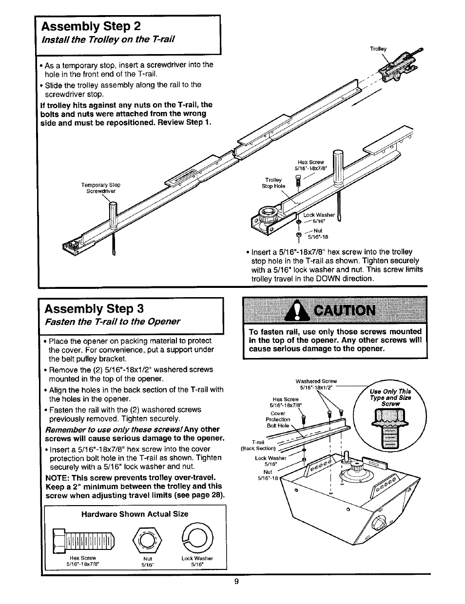 Assembly step 2, Assembly step 3, Instai! the trolley on the t-rau | Fasten the t-rau to the opener | Craftsman 139.53664SRT2 User Manual | Page 9 / 40