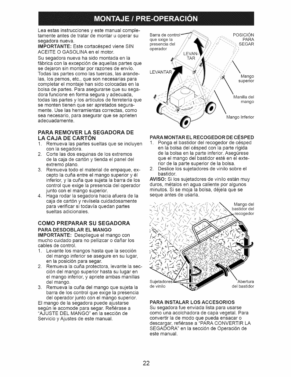 Para remover la segadora de la caja de cartón, Montaje / pre-operacion | Craftsman 917.389020 User Manual | Page 22 / 44