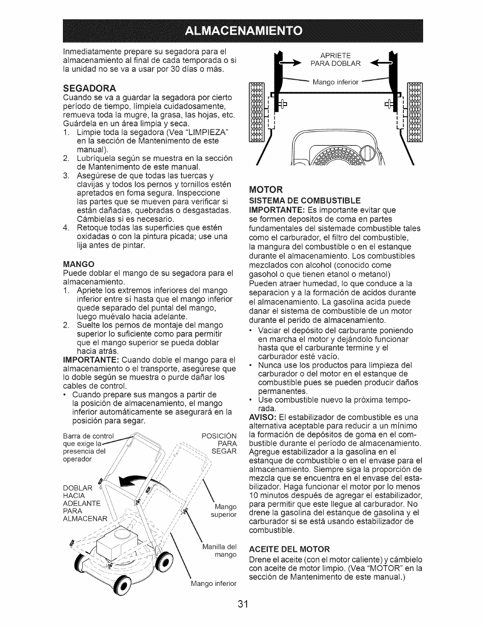 Almacenamiento, Segadora, Motor | Almacenamiento -32 | Craftsman 917.389020 User Manual | Page 31 / 44