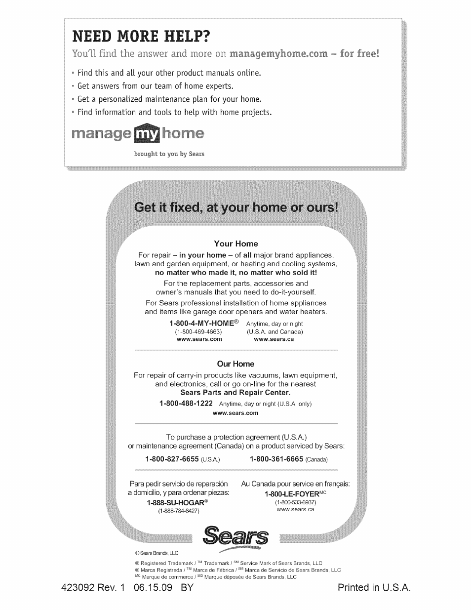 423092 rev. 1 06.15.09 by, Need more help, Get it fixed, at your home or ours | Craftsman 917.389020 User Manual | Page 44 / 44