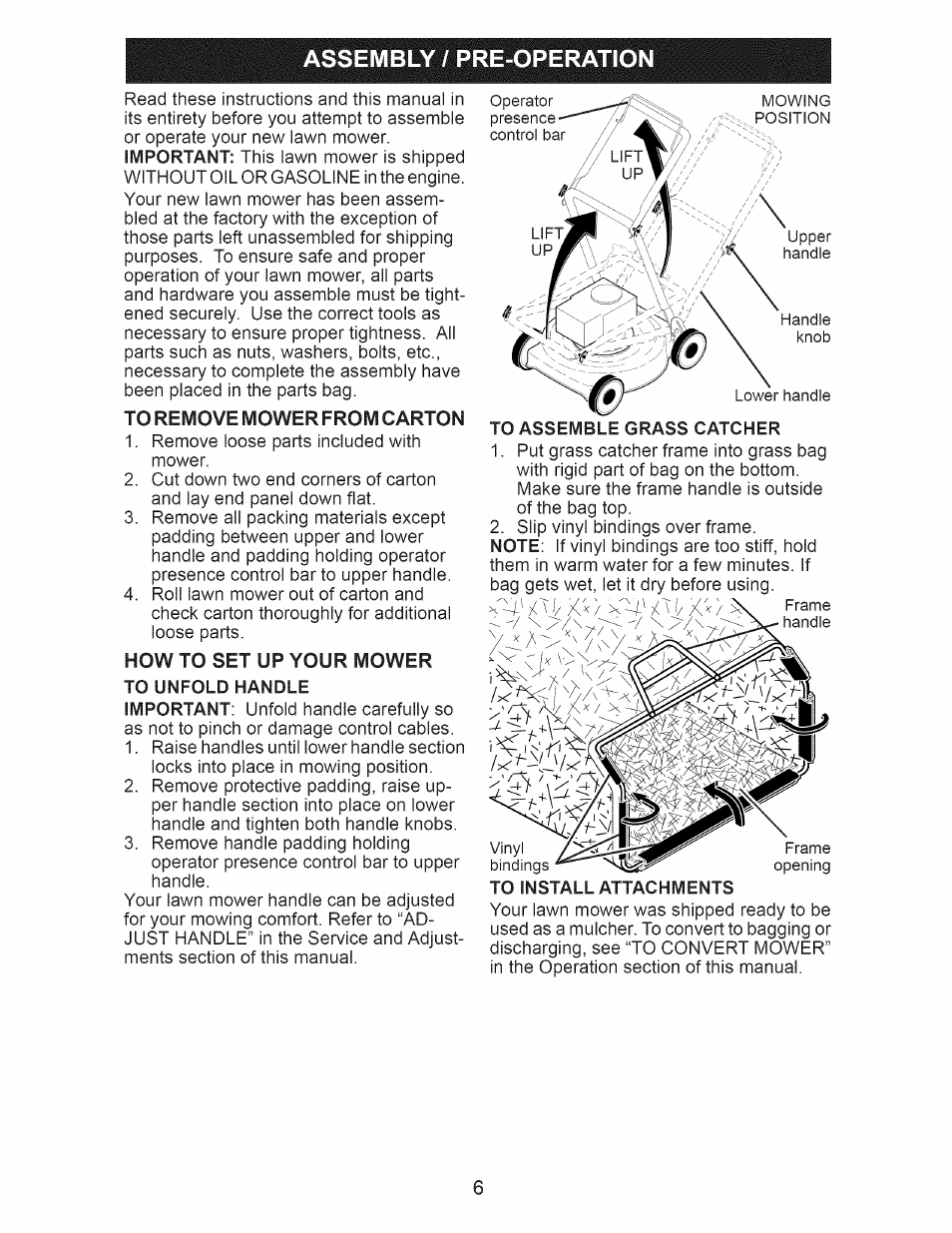 To remove mower from carton, To assemble grass catcher, To install attachments | Assembly / pre-operation | Craftsman 917.389020 User Manual | Page 6 / 44