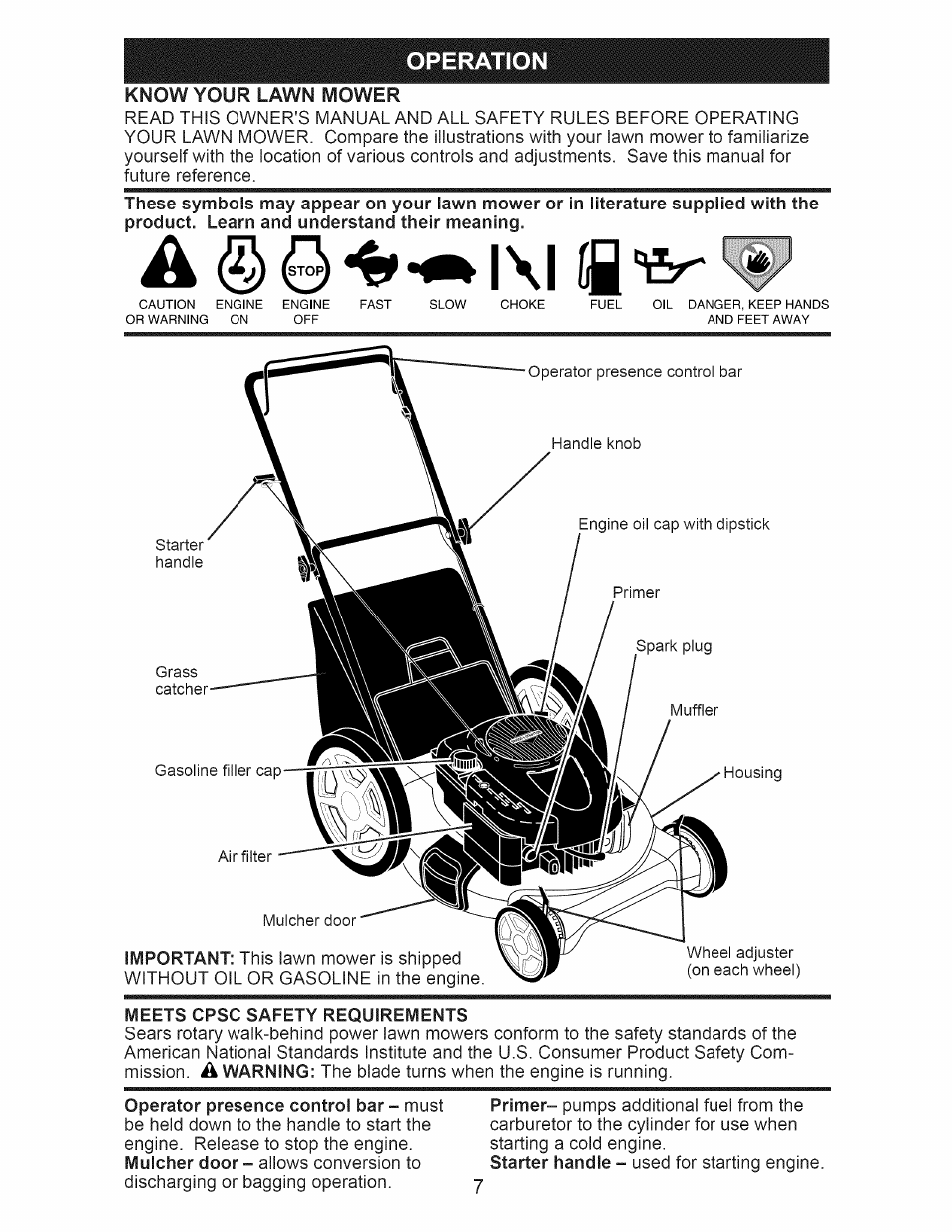 Meets cpsc safety requirements, Operation, Know your lawn mower | Craftsman 917.389020 User Manual | Page 7 / 44