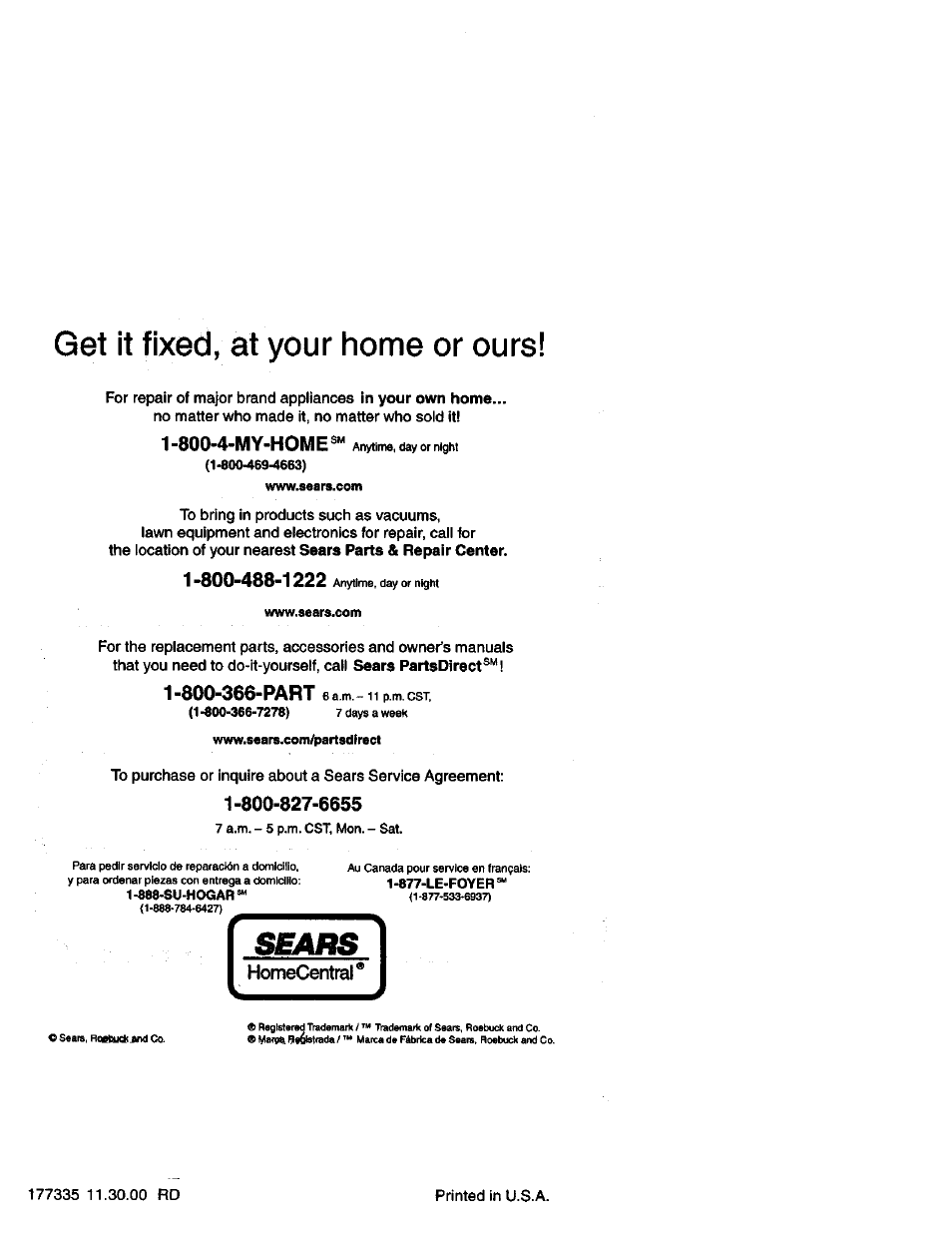 Homecentral, Get it fixed, at your home or ours, 800-4-my-home | Craftsman 917.271840 User Manual | Page 60 / 60