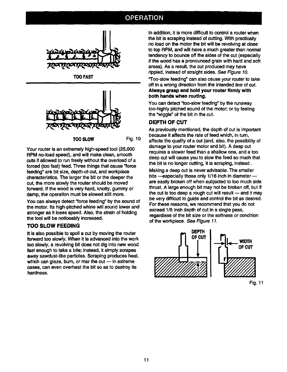 Too slow feeding, Depth of cut | Craftsman 315.175000 User Manual | Page 11 / 20