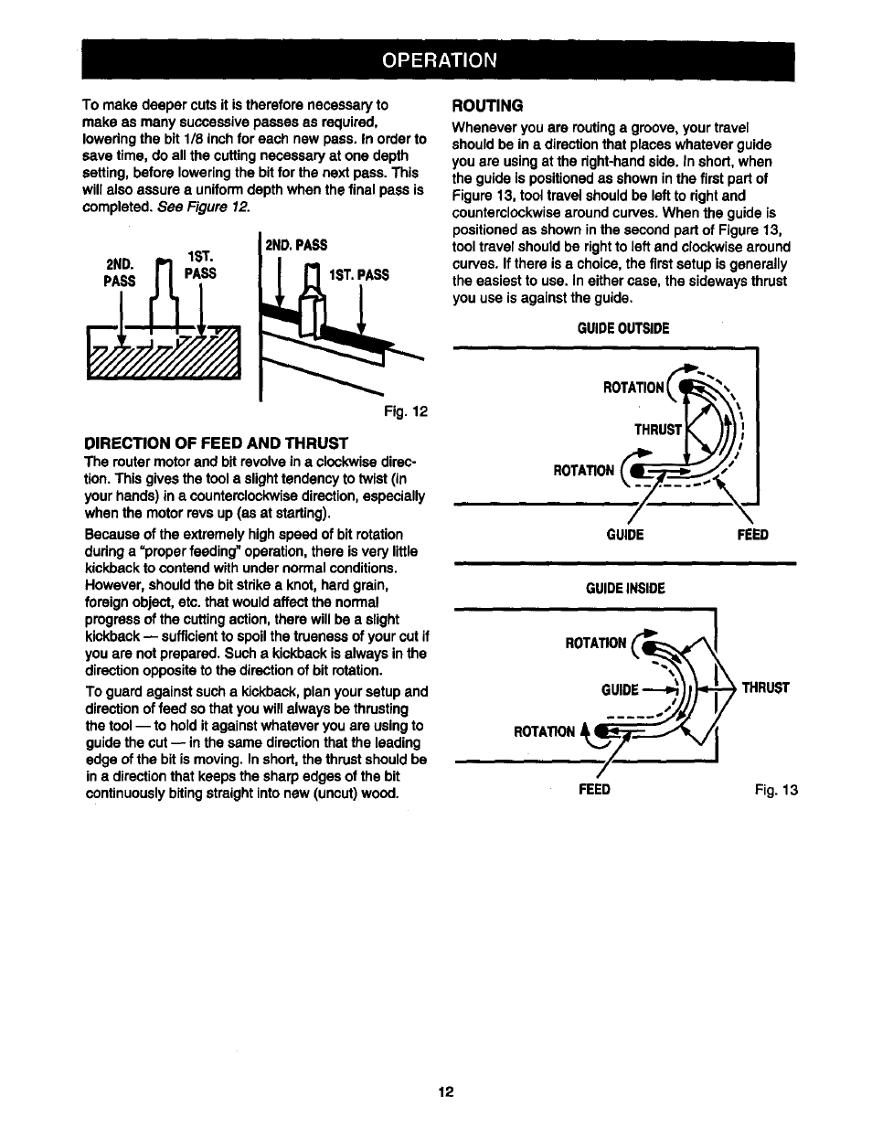Direction of feed and thrust, Routing, Operation | Craftsman 315.175000 User Manual | Page 12 / 20