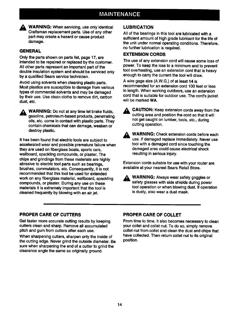General, Lubrication, Extension cords | Proper care of cutters, Proper care of collet, Maintenance | Craftsman 315.175000 User Manual | Page 14 / 20