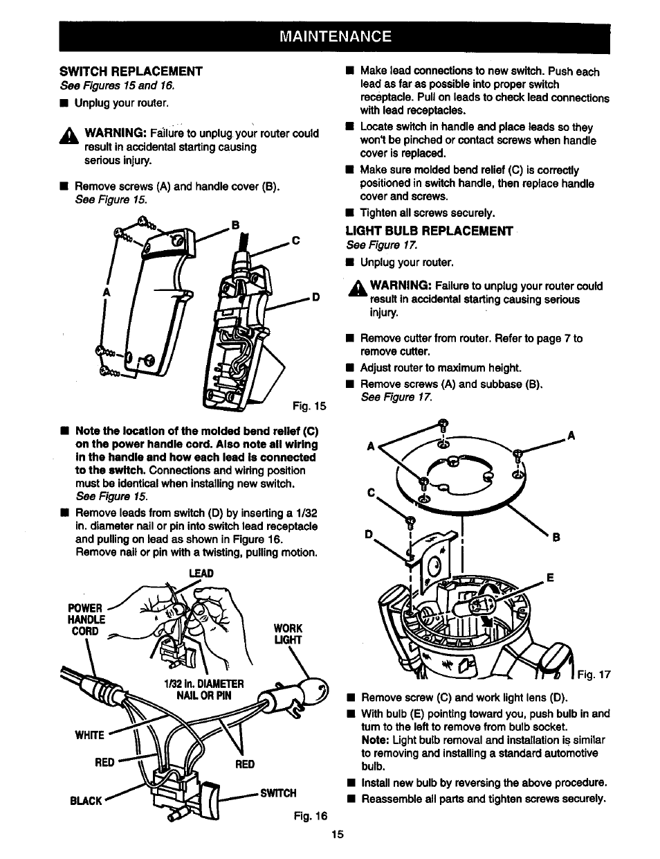 Switch replacement, Light bulb replacement, Maintenance | Craftsman 315.175000 User Manual | Page 15 / 20
