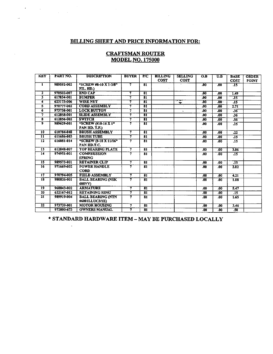 Craftsman router model no. 1750q0, Billing sheet and price information for, Standard hardware item - may be purchased locally | Craftsman 315.175000 User Manual | Page 20 / 20