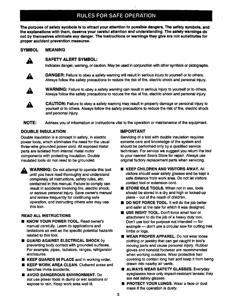 Symbol meaning, Safety alert symbol, Double insulation | Important, Keep children and visitors away. ah | Craftsman 315.175000 User Manual | Page 3 / 20