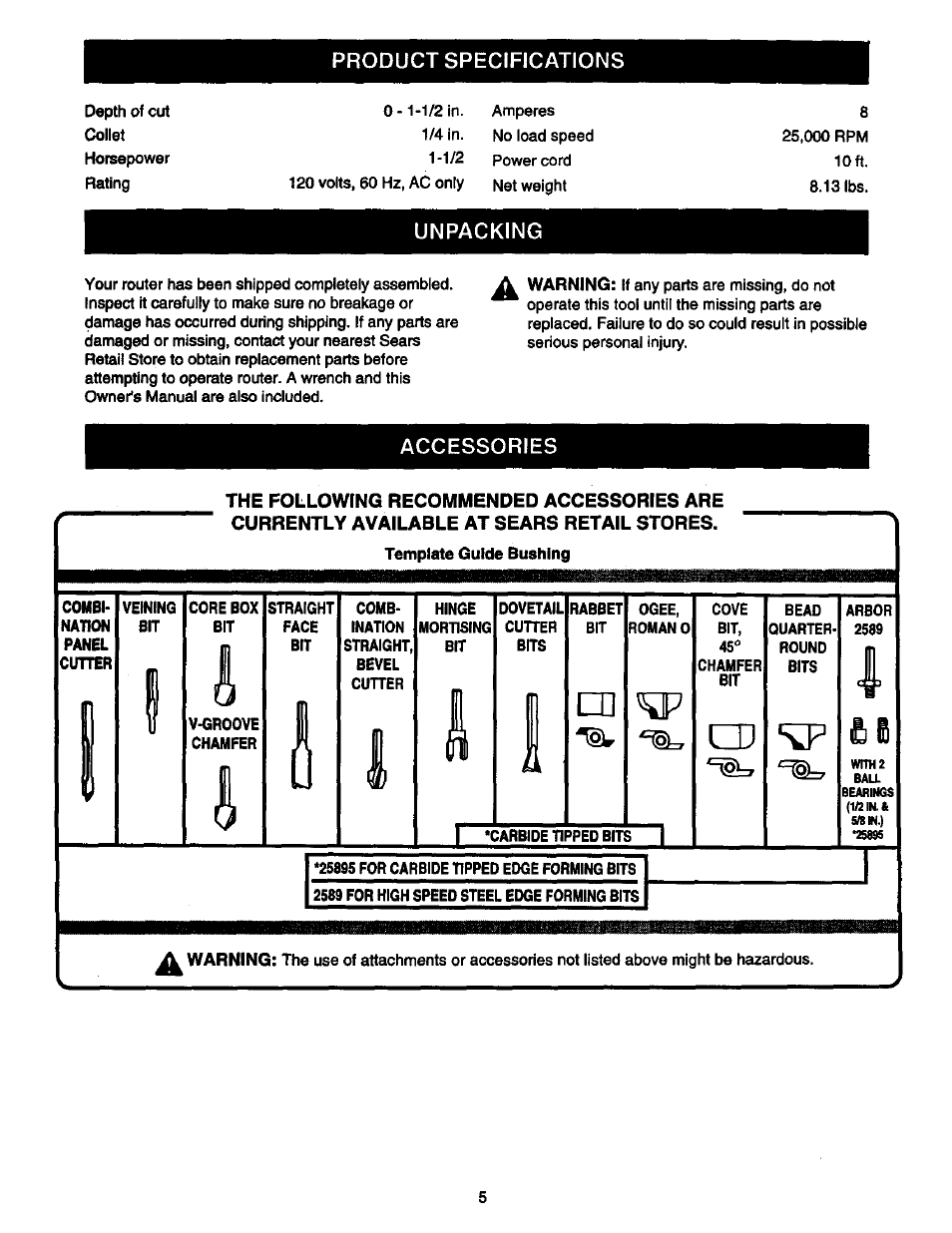 Product specifications, Unpacking, Accessories | Combi, Cutter | Craftsman 315.175000 User Manual | Page 5 / 20