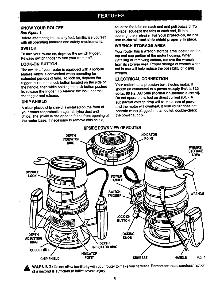 Features, Know your router, Switch | Lock-on button, Chip shield, Wrench storage area, Electrical connection, Upside down view of router | Craftsman 315.175000 User Manual | Page 6 / 20