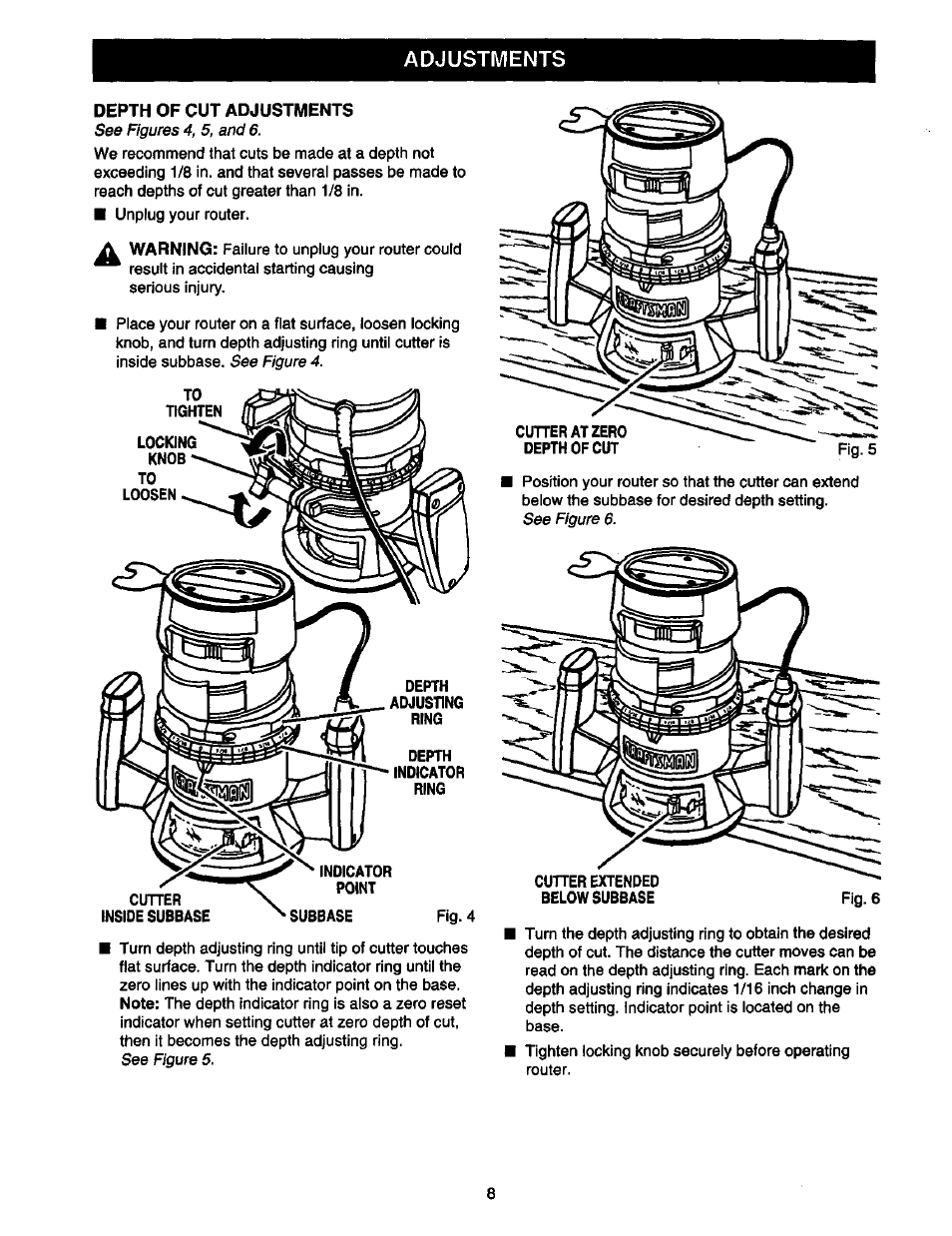 Depth of cut adjustments, Adjusting, Ring | Depth, Indicator | Craftsman 315.175000 User Manual | Page 8 / 20