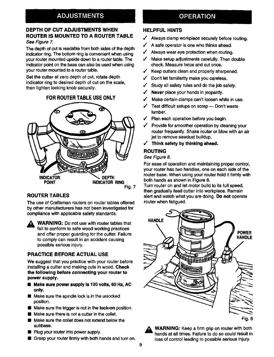 For router table use only, Router tables, Practice before actual use | Helpful hints, Routing | Craftsman 315.175000 User Manual | Page 9 / 20