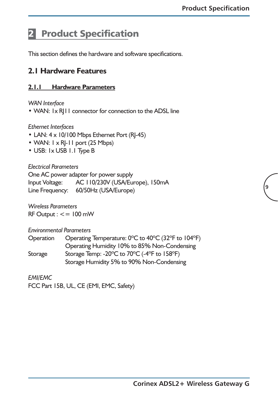 2product specification, 1 hardware features | Corinex Global ADSL2+ User Manual | Page 10 / 145