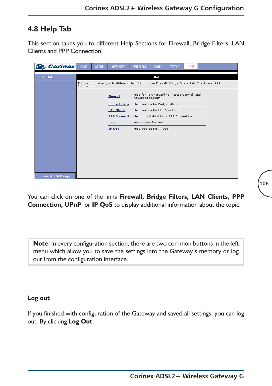 8 help tab | Corinex Global ADSL2+ User Manual | Page 107 / 145