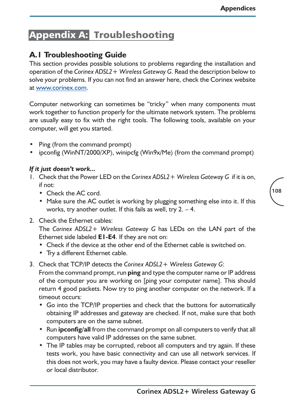 Appendix a: troubleshooting, A.1 troubleshooting guide | Corinex Global ADSL2+ User Manual | Page 109 / 145