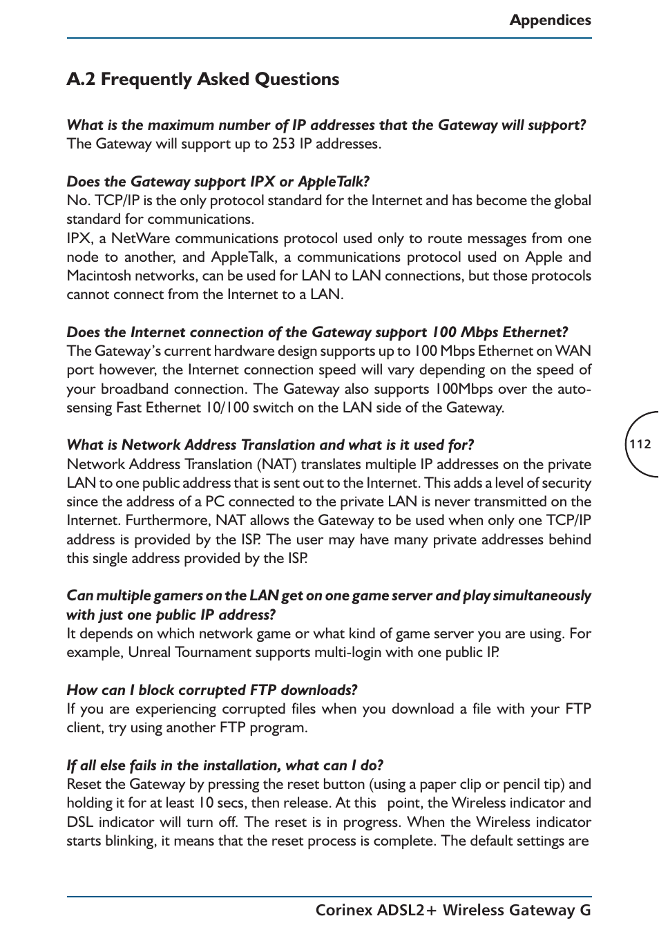 A.2 frequently asked questions | Corinex Global ADSL2+ User Manual | Page 113 / 145