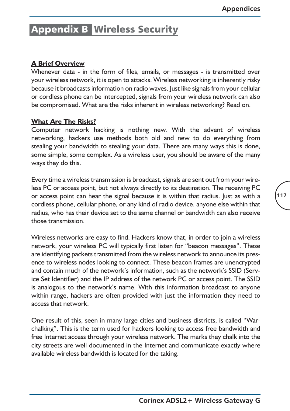 Appendix b wireless security | Corinex Global ADSL2+ User Manual | Page 118 / 145