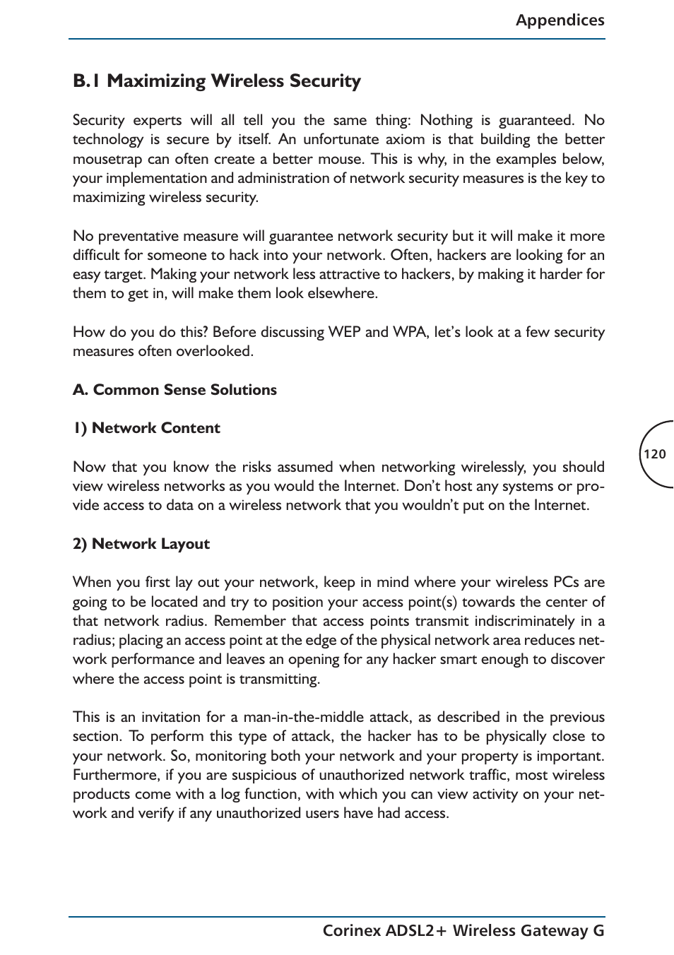 B.1 maximizing wireless security | Corinex Global ADSL2+ User Manual | Page 121 / 145