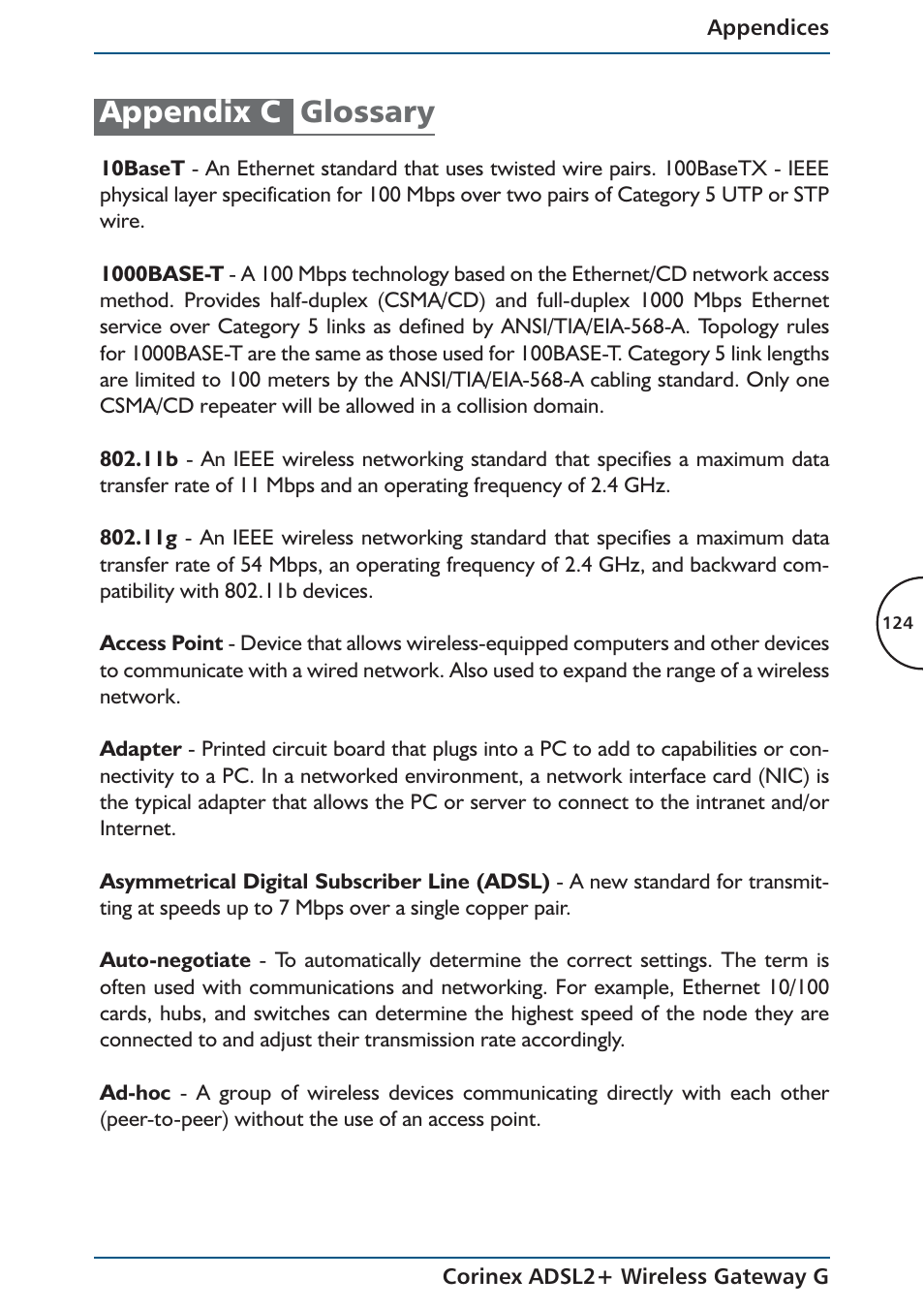 Appendix c glossary | Corinex Global ADSL2+ User Manual | Page 125 / 145