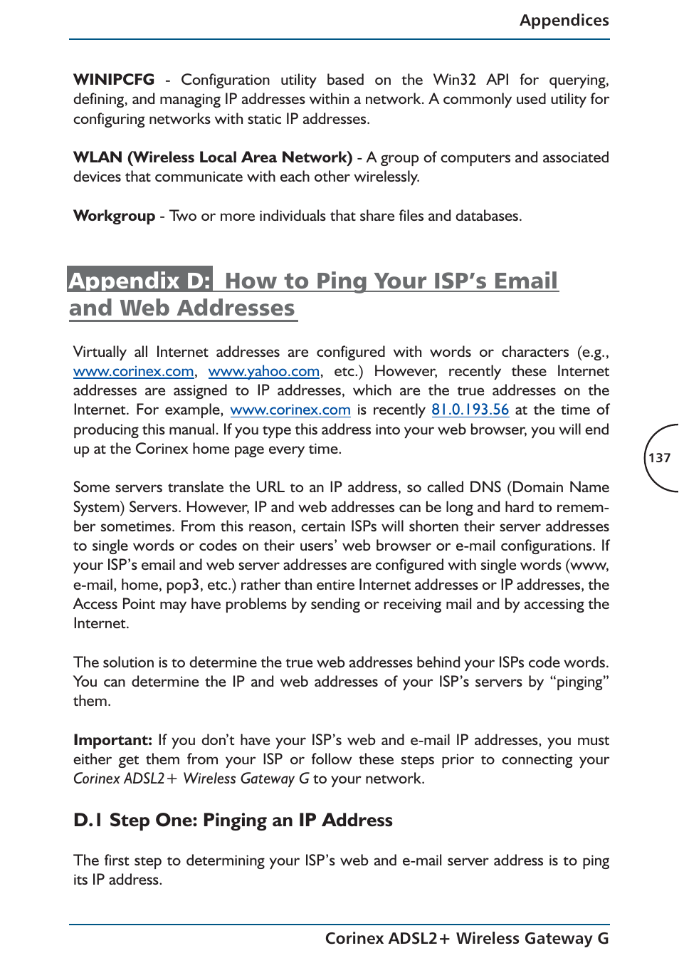 D.1 step one: pinging an ip address | Corinex Global ADSL2+ User Manual | Page 138 / 145