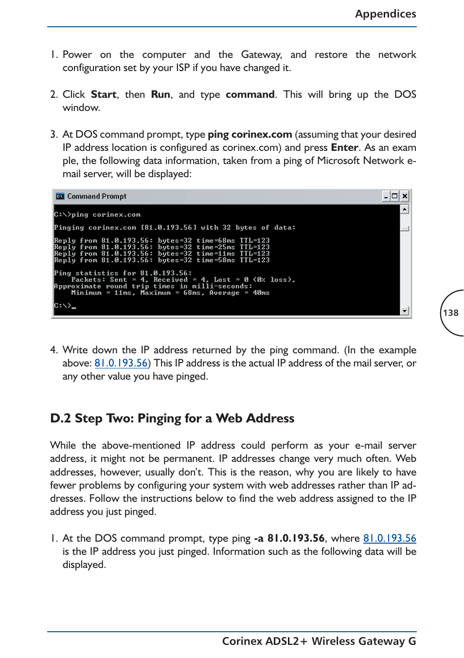 D.2 step two: pinging for a web address | Corinex Global ADSL2+ User Manual | Page 139 / 145