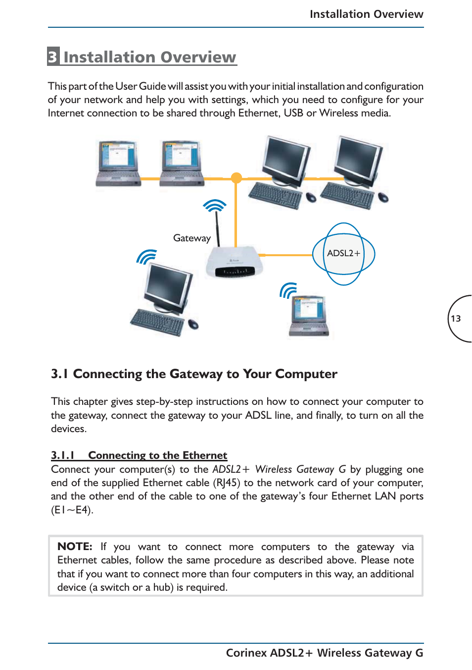 Installation overview, 1 connecting the gateway to your computer | Corinex Global ADSL2+ User Manual | Page 14 / 145